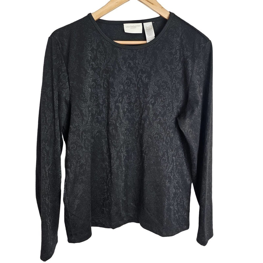 Liz Claiborne Blouse Womens Large Black Floral Y2K Stretchy Long Sleeve Top